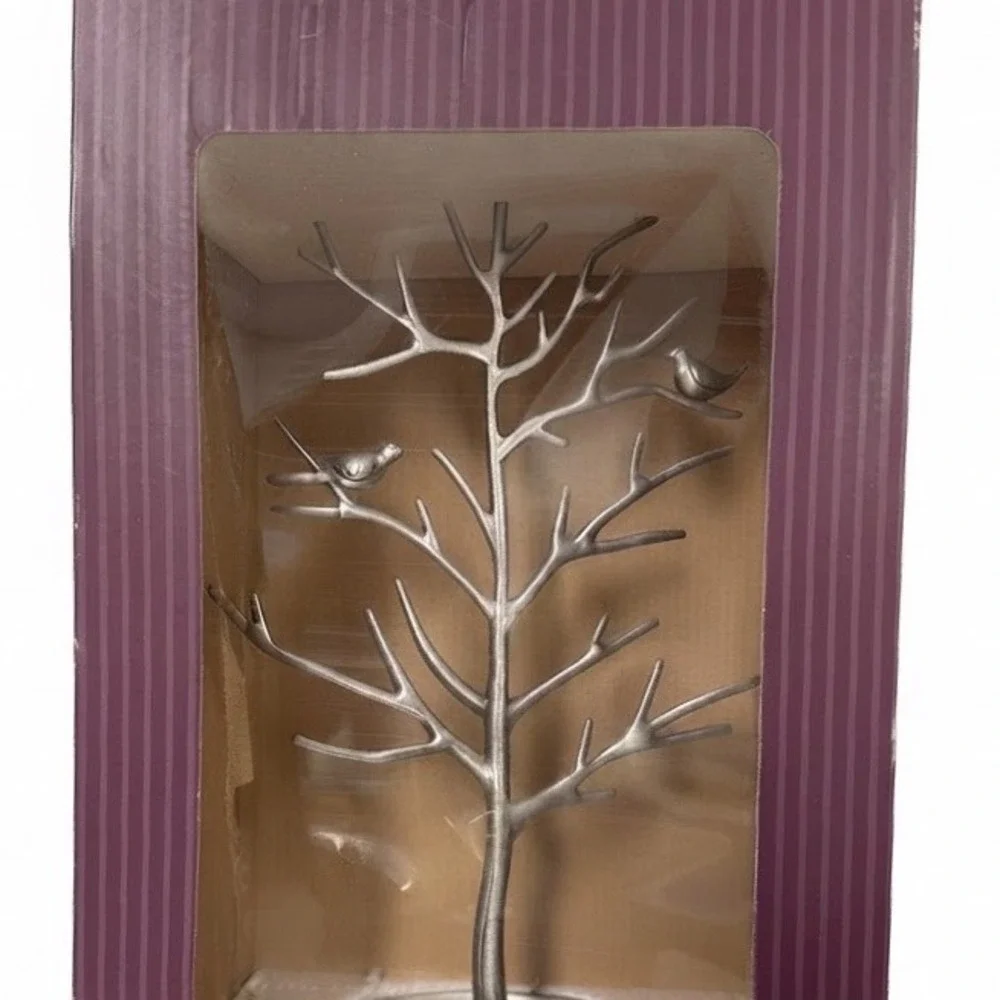 Home Elements 2014 Silver Bird Jewelry Tree Stand Metal Organizer Tray Catch-All